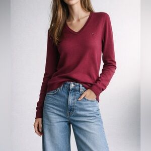 Tommy Hilfiger Cashmere Blend V-Neck Sweater Burgundy Red Size L Classic Preppy